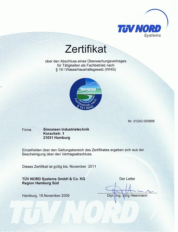Zertifikat Überwachungsvertrag WHG19 vom TÜV Nord